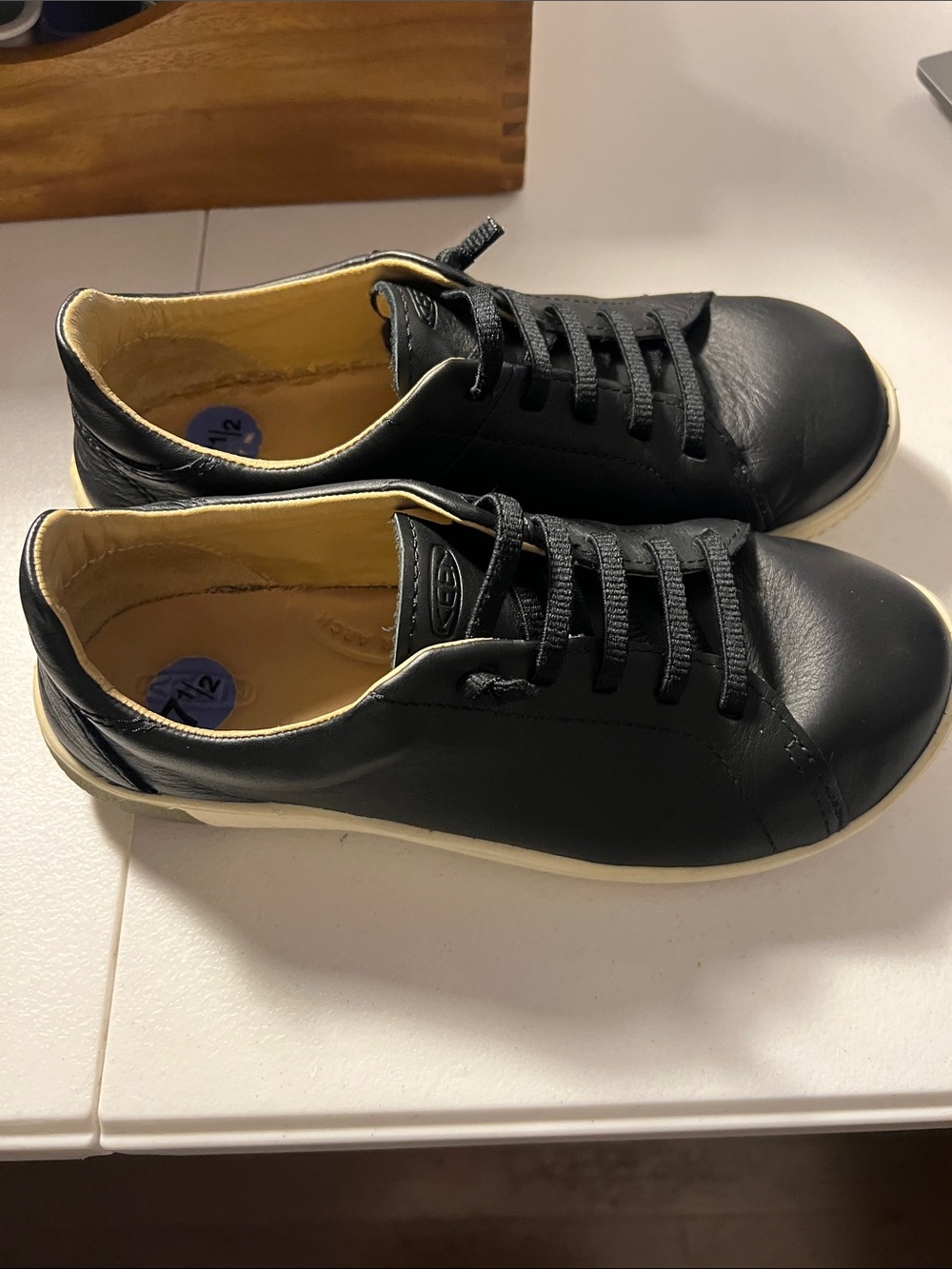 Keen Black Leather Low-Top Lace Sneakers with Cream Trim